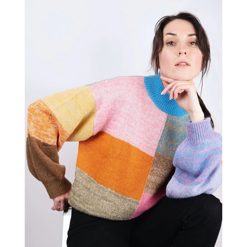 Stine Goya Adonis Chunky Knit Alpaca Wool Sweater Check Multi Color Womens Small